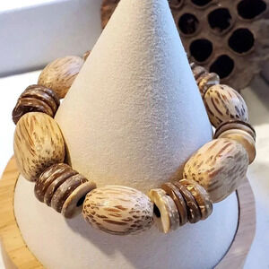Chunky Natural Coconut Palm Wood Beads Handcrafted Small Stretch Bangle Bracelet